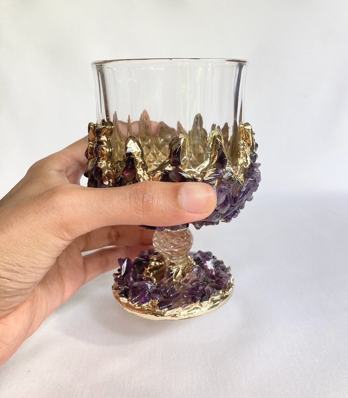 Set of 2 |Crystal Wine Glasses with Gold Plated Purple Amethyst
