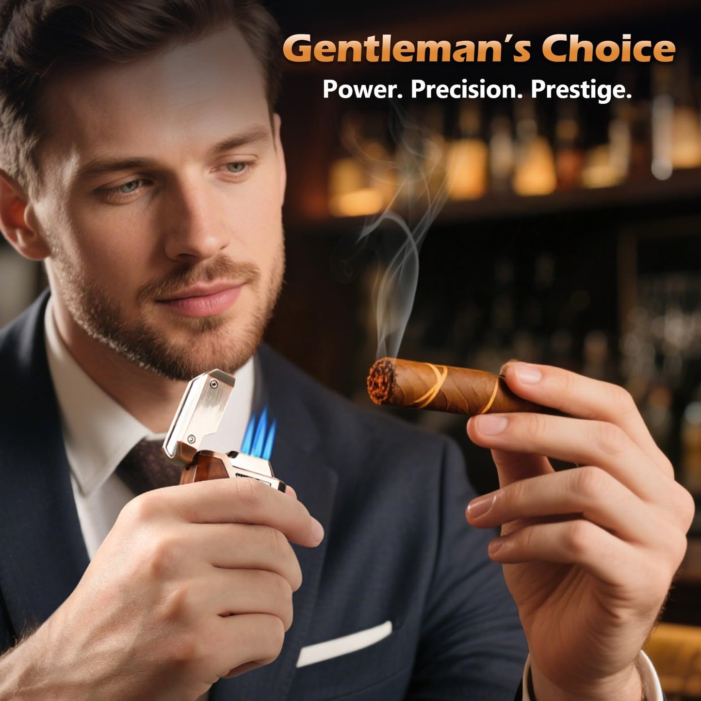 Joyoldelf Cigar Torch Lighter Quad Flame - Refillable Jet Butane Windproof Lighter with Cutter, Punch & Fuel Window (Without Butane) - Premium Gift for Men, Outdoor Smoking, Portable Use