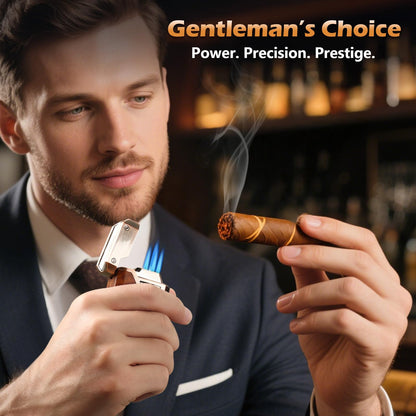 Joyoldelf Cigar Torch Lighter Quad Flame - Refillable Jet Butane Windproof Lighter with Cutter, Punch & Fuel Window (Without Butane) - Premium Gift for Men, Outdoor Smoking, Portable Use