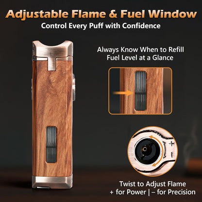 Joyoldelf Cigar Torch Lighter Quad Flame - Refillable Jet Butane Windproof Lighter with Cutter, Punch & Fuel Window (Without Butane) - Premium Gift for Men, Outdoor Smoking, Portable Use