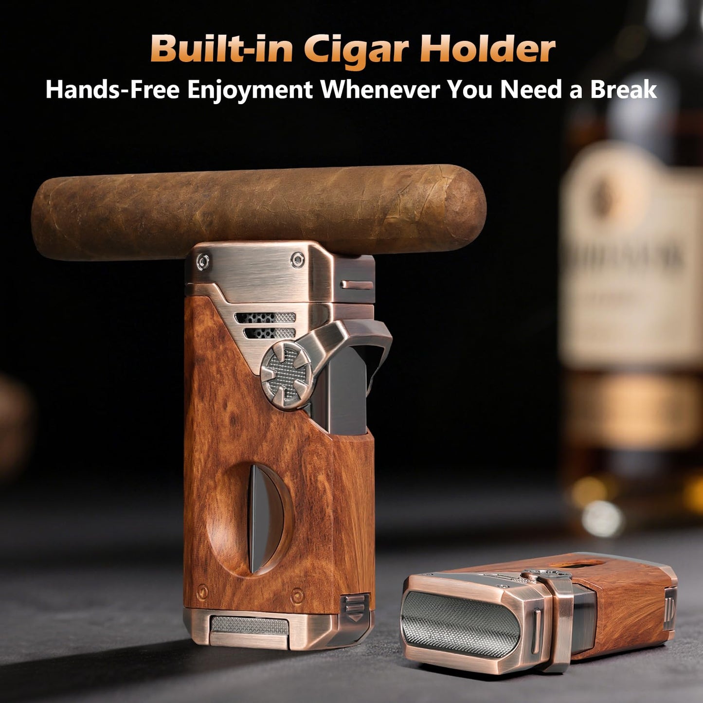 Joyoldelf Cigar Torch Lighter Quad Flame - Refillable Jet Butane Windproof Lighter with Cutter, Punch & Fuel Window (Without Butane) - Premium Gift for Men, Outdoor Smoking, Portable Use