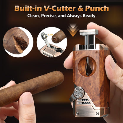 Joyoldelf Cigar Torch Lighter Quad Flame - Refillable Jet Butane Windproof Lighter with Cutter, Punch & Fuel Window (Without Butane) - Premium Gift for Men, Outdoor Smoking, Portable Use