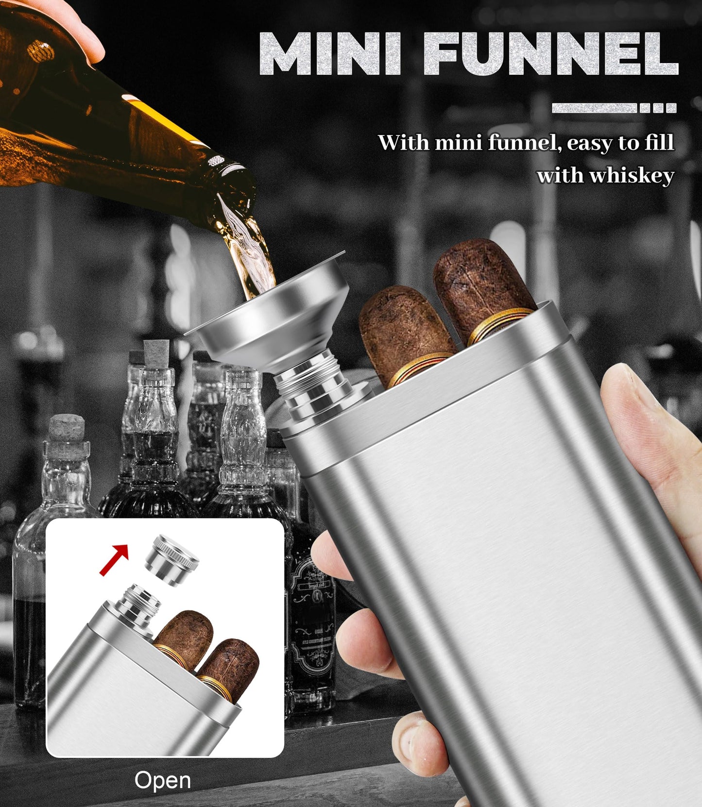 Stainless Steel Cigar Case with Removable Hip Flask, 2pcs Holder Cigar Tube, Travel Cases, Cigars accessary, Christmas gift for Women Men