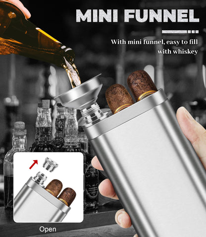Stainless Steel Cigar Case with Removable Hip Flask, 2pcs Holder Cigar Tube, Travel Cases, Cigars accessary, Christmas gift for Women Men