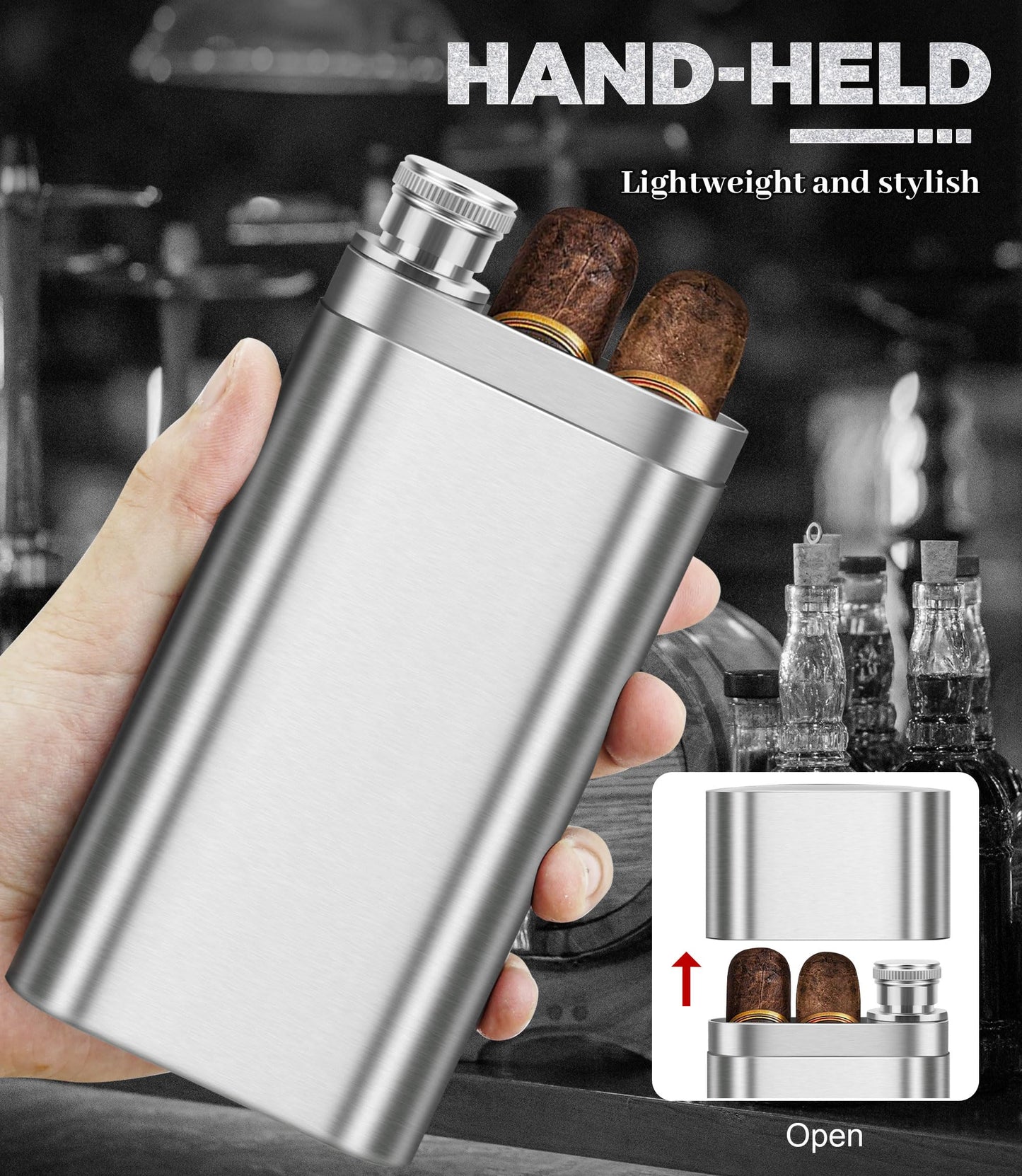 Stainless Steel Cigar Case with Removable Hip Flask, 2pcs Holder Cigar Tube, Travel Cases, Cigars accessary, Christmas gift for Women Men