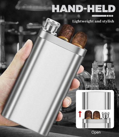 Stainless Steel Cigar Case with Removable Hip Flask, 2pcs Holder Cigar Tube, Travel Cases, Cigars accessary, Christmas gift for Women Men