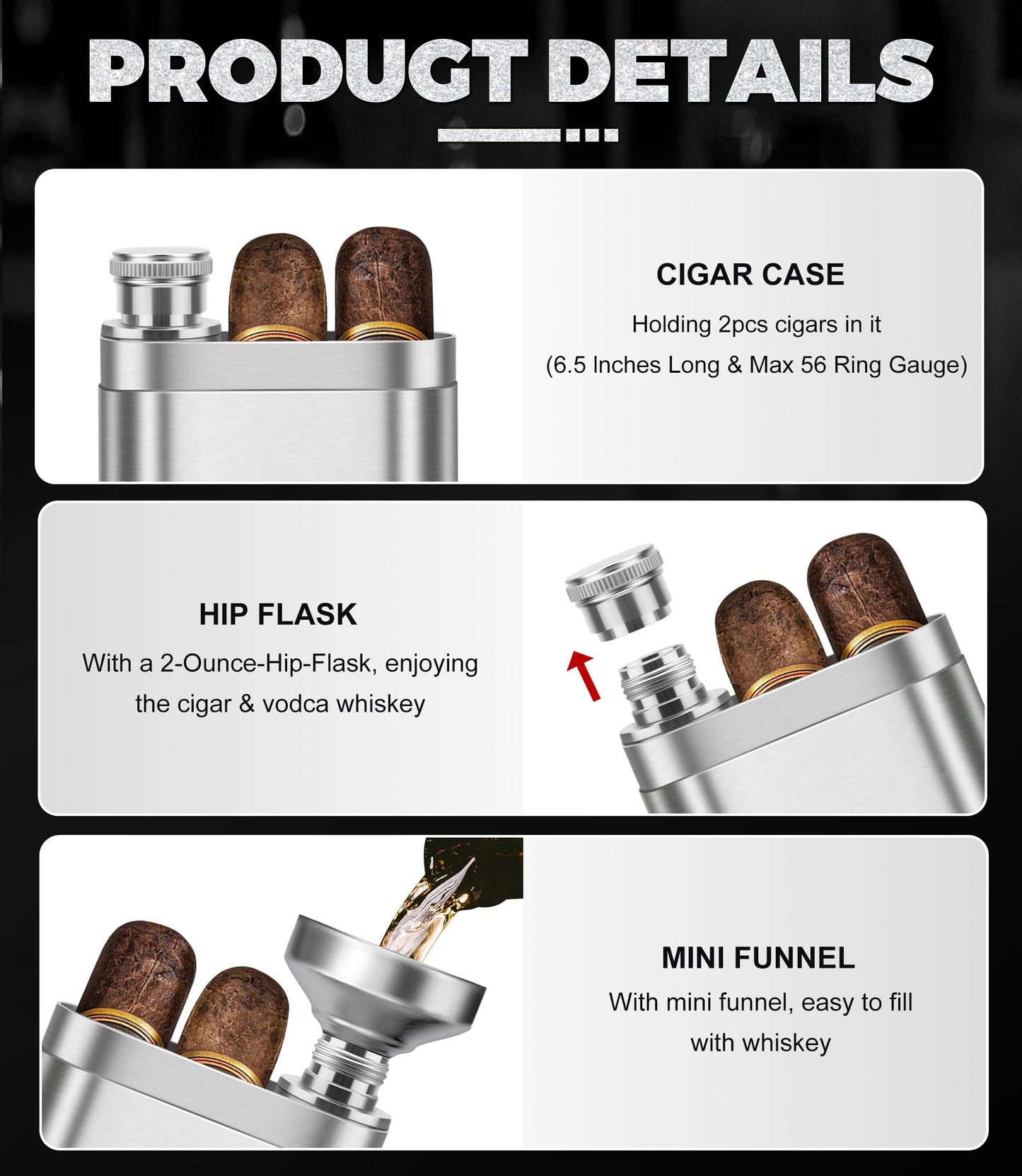 Stainless Steel Cigar Case with Removable Hip Flask, 2pcs Holder Cigar Tube, Travel Cases, Cigars accessary, Christmas gift for Women Men