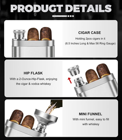 Stainless Steel Cigar Case with Removable Hip Flask, 2pcs Holder Cigar Tube, Travel Cases, Cigars accessary, Christmas gift for Women Men