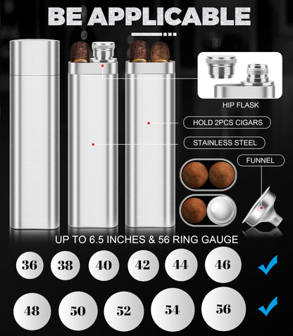 Stainless Steel Cigar Case with Removable Hip Flask, 2pcs Holder Cigar Tube, Travel Cases, Cigars accessary, Christmas gift for Women Men
