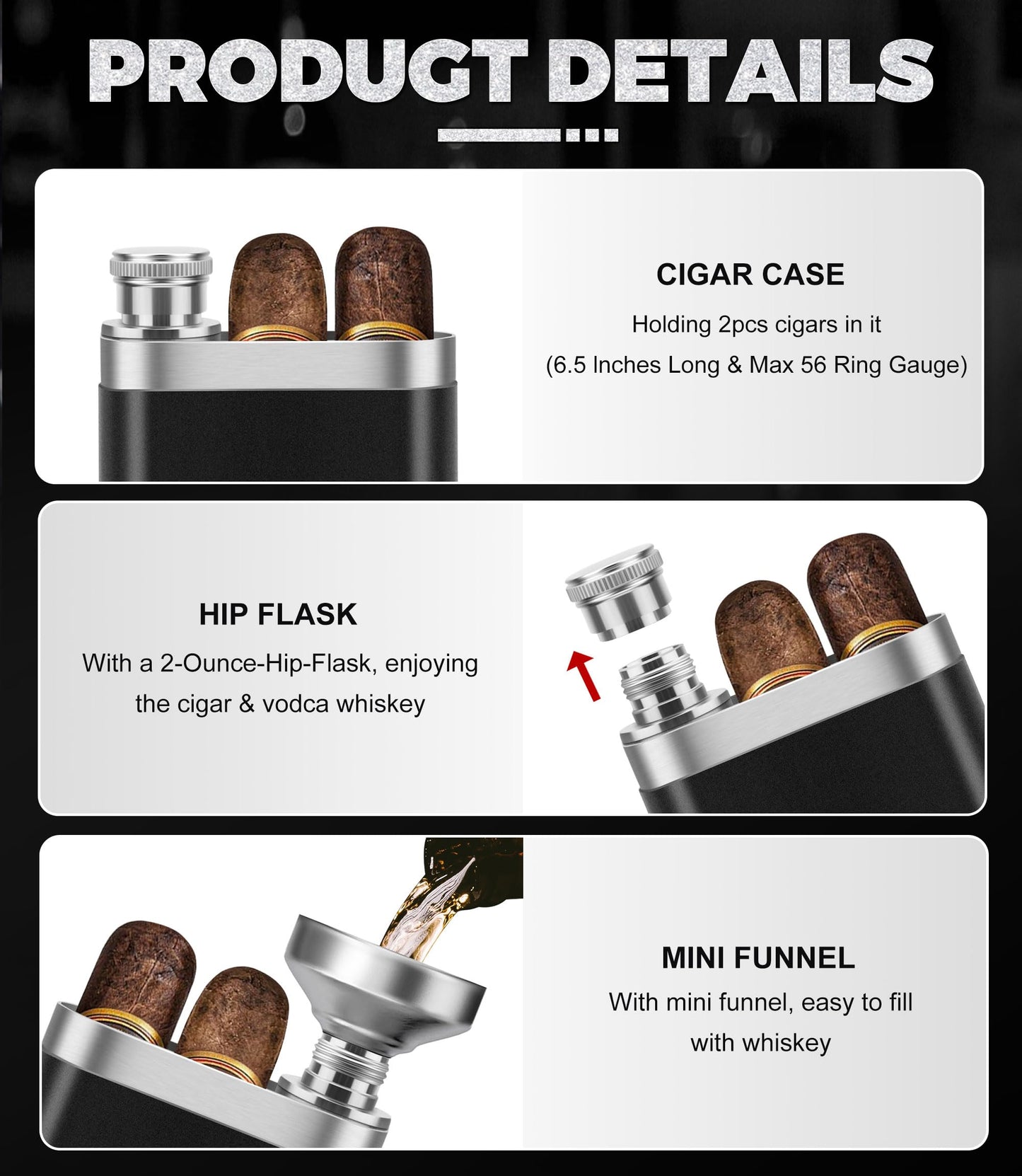Stainless Steel Cigar Case with Removable Hip Flask, 2pcs Holder Cigar Tube, Travel Cases, Cigars accessary, Christmas gift for Women Men