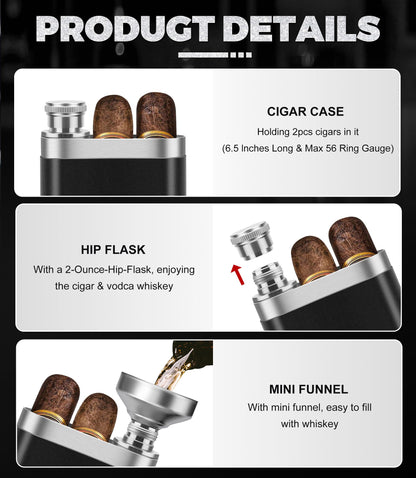 Stainless Steel Cigar Case with Removable Hip Flask, 2pcs Holder Cigar Tube, Travel Cases, Cigars accessary, Christmas gift for Women Men