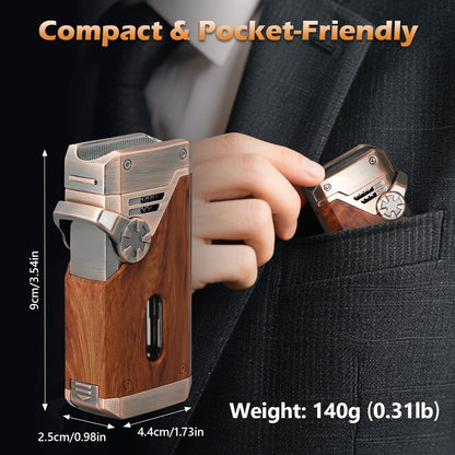 Joyoldelf Cigar Torch Lighter Quad Flame - Refillable Jet Butane Windproof Lighter with Cutter, Punch & Fuel Window (Without Butane) - Premium Gift for Men, Outdoor Smoking, Portable Use