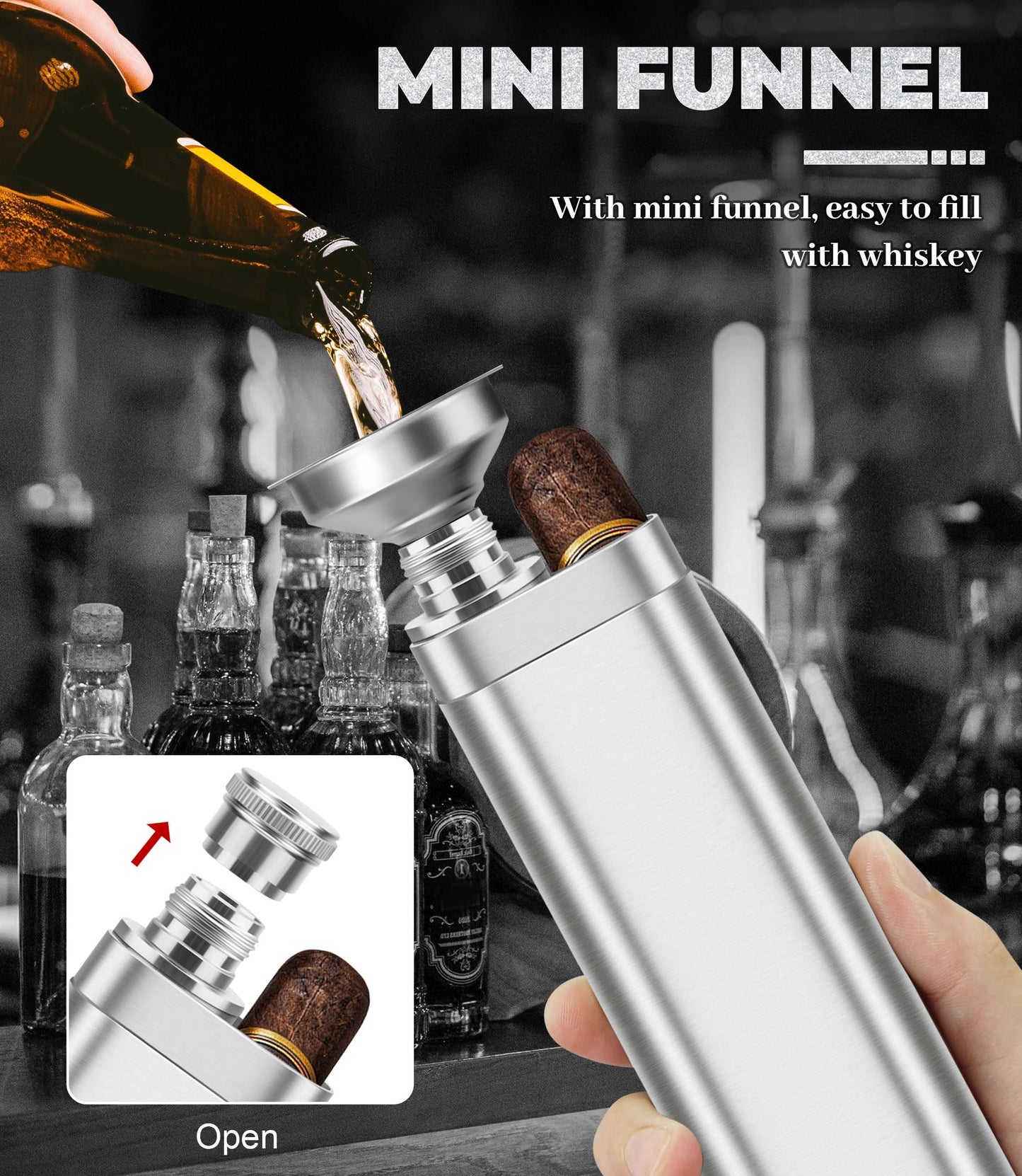 Stainless Steel Cigar Case with Removable Hip Flask, 2pcs Holder Cigar Tube, Travel Cases, Cigars accessary, Christmas gift for Women Men