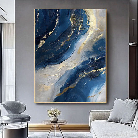 Luxury Handmade Abstract Oil Painting Wall Art Modern Golden Blue Minimalist Texture Canvas Mural For Living Room Decor Frameless