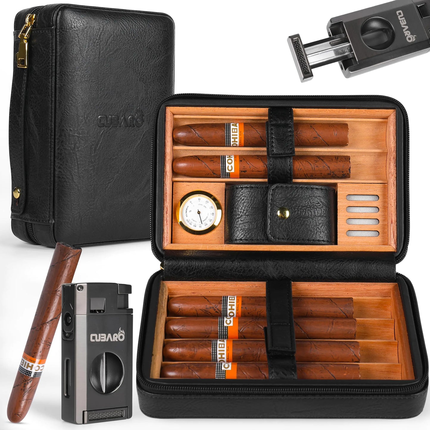 CUBARO Deluxe Travel Cigar Humidor Set with Lighter and Cutters (Black)
