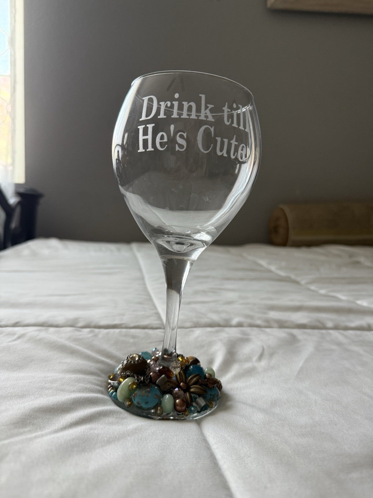 Jewelry Wine Glasses handcrafted with fine stones-Jewelry “Drink till he’s Cute”