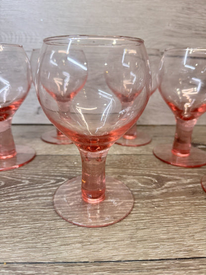 Vintage Pink Water Goblets or Wine Stems 12 Oz 6.25” Tall ~Set Of 7