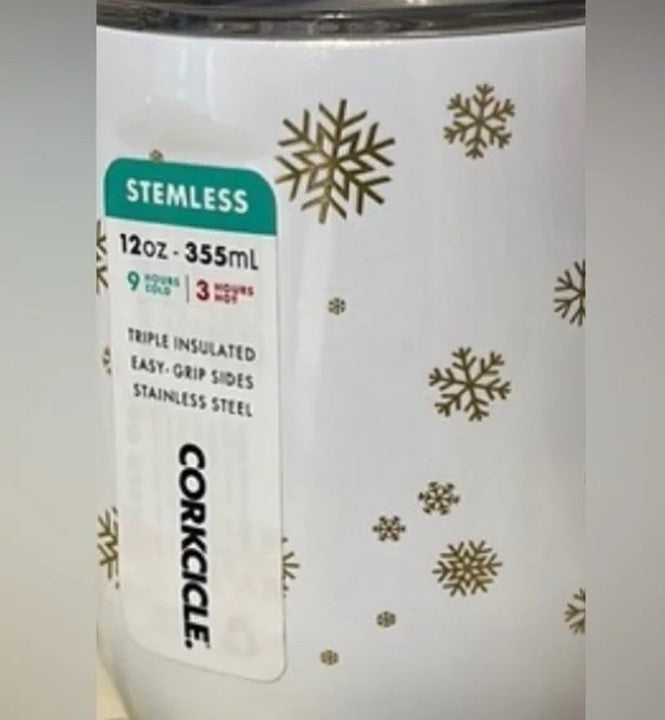 CORKCICLE "SNOWFALL WHITE" Christmas Holiday WIne Tumbler ** WHITE/GOLD ** NWT